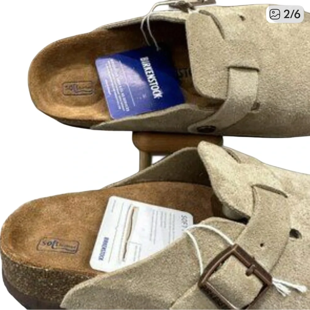 Birkenstock Soft Footbed Suede Clogs in Beige - Picture 2 of 5